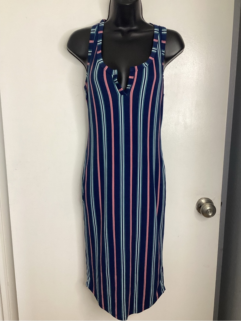 love J Navy Sleeveless Striped Midi Dress with Pink & Light Blue Stripes